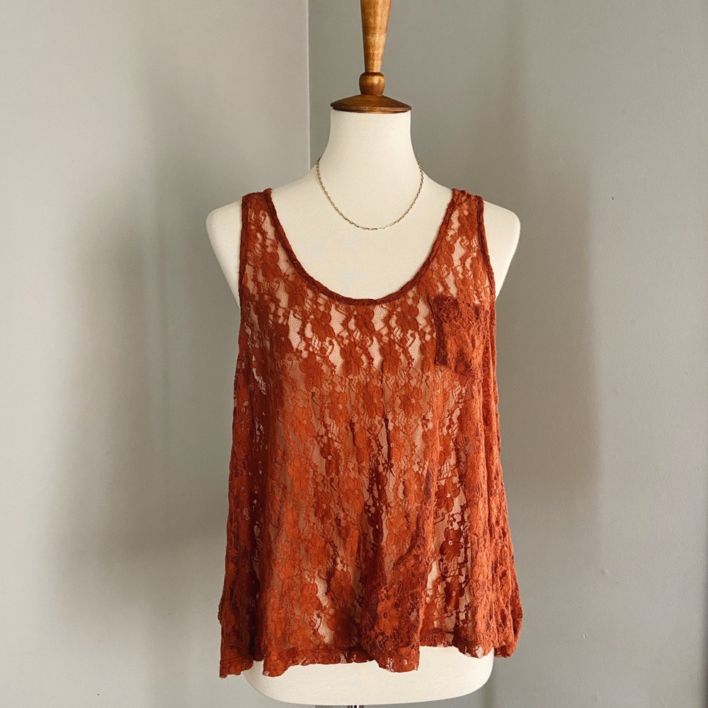 burnt orange lace floral flowy boho sheer tank with pocket